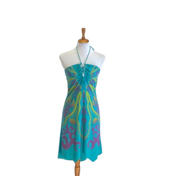 Kitty Printed Halter Dress Green Size L Y2K Retro Club Glam Night Out Party Boho - Picture 2 of 13